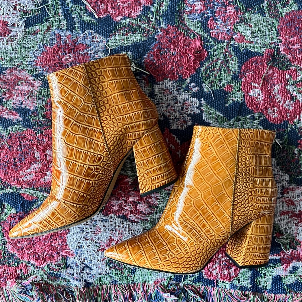 Vince Camuto Benedie brown orange leather croc heeled pointed toe bootie